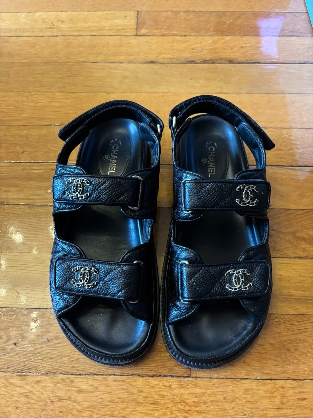 CHANEL Black Leather Dad Sandals
